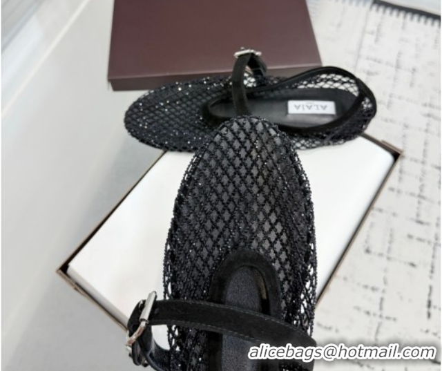 Popular Style Alaia Ballet Flats in Fishnet and Strass Black 2 2026 AL020702