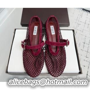 Unique Style Alaia Ballet Flats in Fishnet and Suede with Strass Burgundy  2026 AL020702