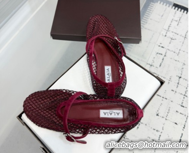 Unique Style Alaia Ballet Flats in Fishnet and Suede with Strass Burgundy  2026 AL020702