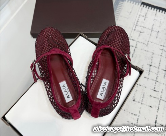Unique Style Alaia Ballet Flats in Fishnet and Suede with Strass Burgundy  2026 AL020702