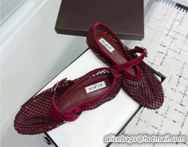 Unique Style Alaia Ballet Flats in Fishnet and Suede with Strass Burgundy  2026 AL020702