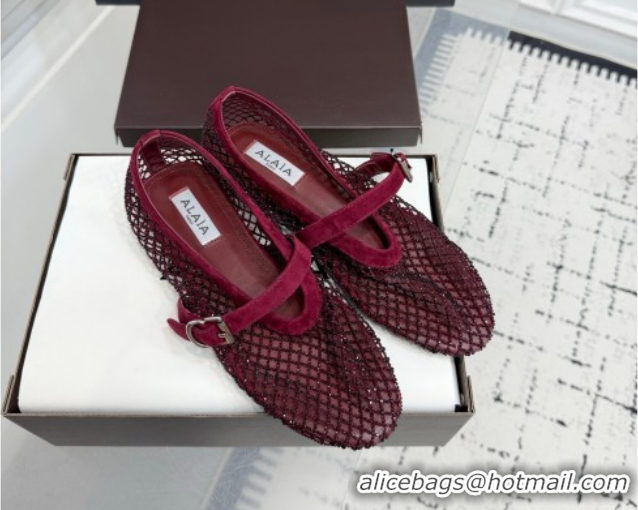 Unique Style Alaia Ballet Flats in Fishnet and Suede with Strass Burgundy  2026 AL020702