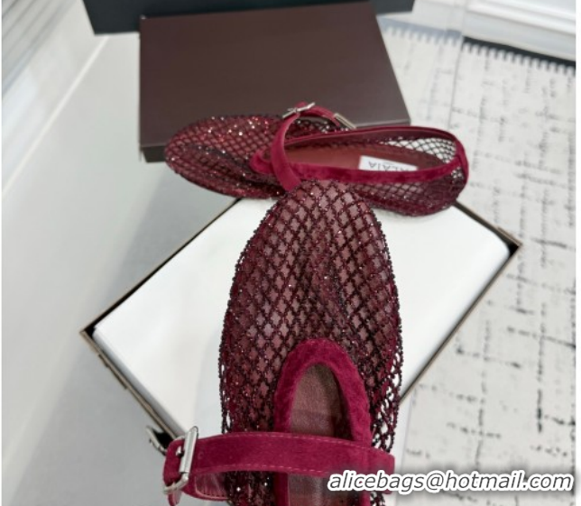 Unique Style Alaia Ballet Flats in Fishnet and Suede with Strass Burgundy  2026 AL020702