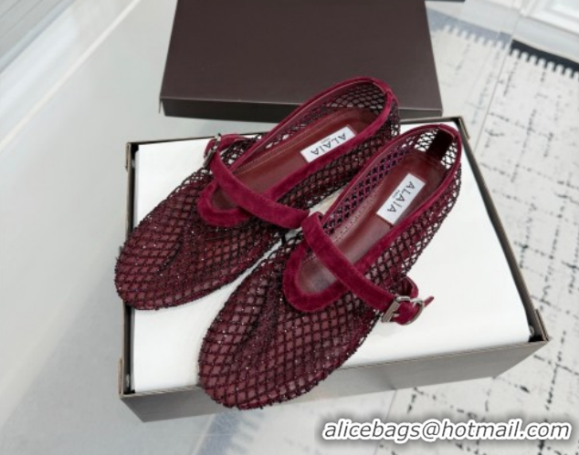 Unique Style Alaia Ballet Flats in Fishnet and Suede with Strass Burgundy  2026 AL020702