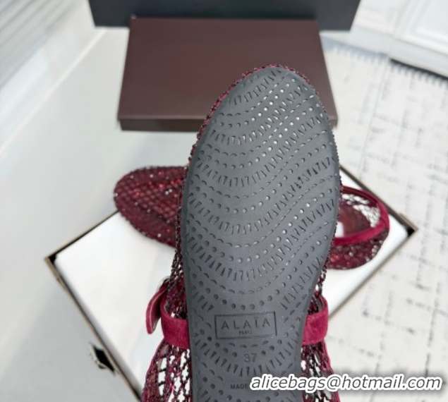 Unique Style Alaia Ballet Flats in Fishnet and Suede with Strass Burgundy  2026 AL020702