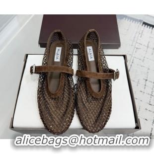 Good Quality Alaia Ballet Flats in Fishnet and Suede with Strass Dark Brown AL020702