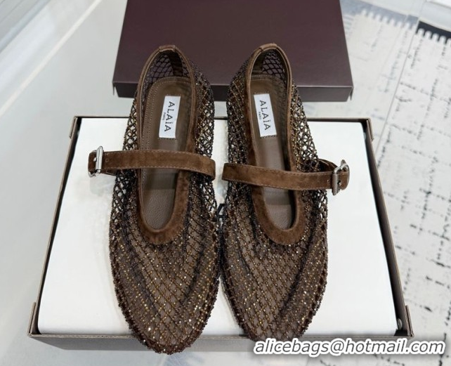 Good Quality Alaia Ballet Flats in Fishnet and Suede with Strass Dark Brown AL020702