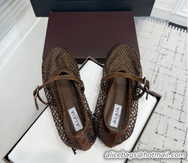 Good Quality Alaia Ballet Flats in Fishnet and Suede with Strass Dark Brown AL020702