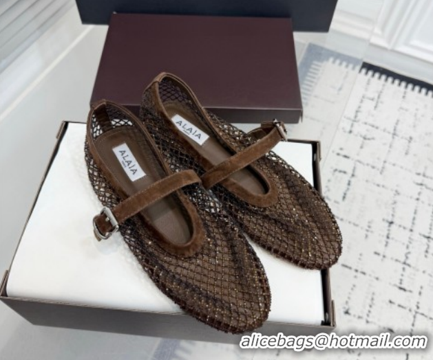 Good Quality Alaia Ballet Flats in Fishnet and Suede with Strass Dark Brown AL020702