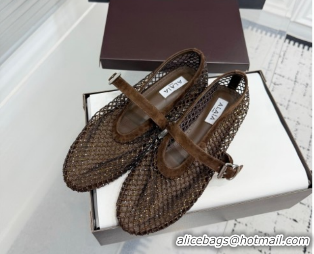 Good Quality Alaia Ballet Flats in Fishnet and Suede with Strass Dark Brown AL020702