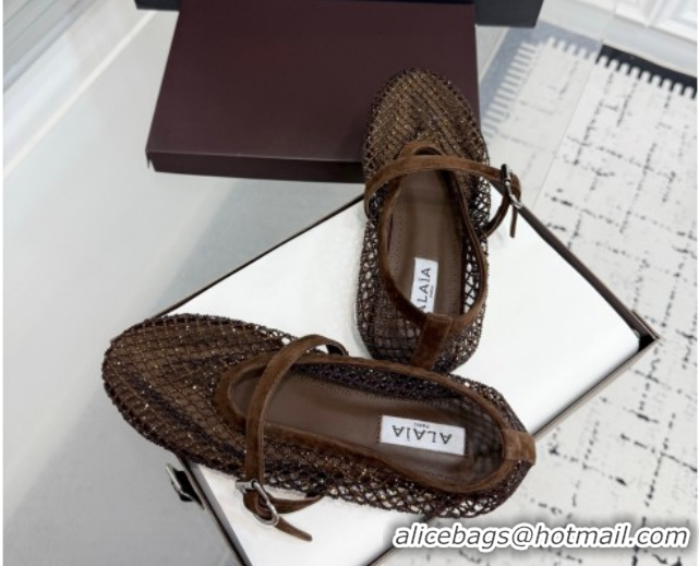 Good Quality Alaia Ballet Flats in Fishnet and Suede with Strass Dark Brown AL020702