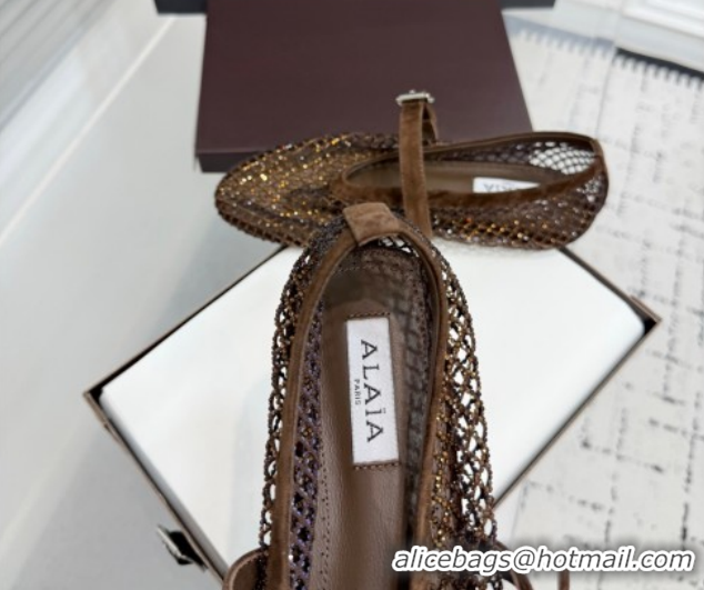 Good Quality Alaia Ballet Flats in Fishnet and Suede with Strass Dark Brown AL020702