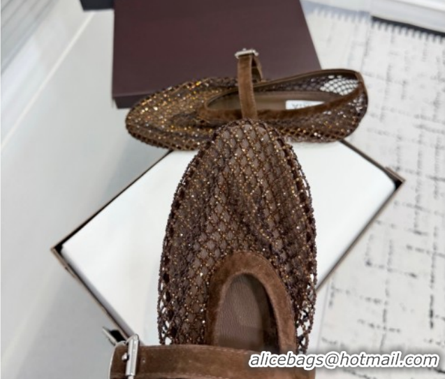 Good Quality Alaia Ballet Flats in Fishnet and Suede with Strass Dark Brown AL020702