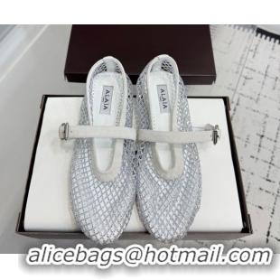 Pretty Style Alaia Ballet Flats in Fishnet and Suede with Strass White AL020702