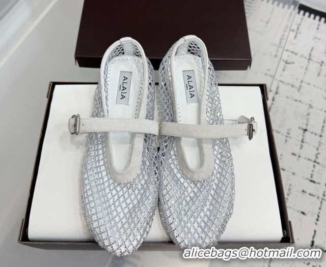 Pretty Style Alaia Ballet Flats in Fishnet and Suede with Strass White AL020702