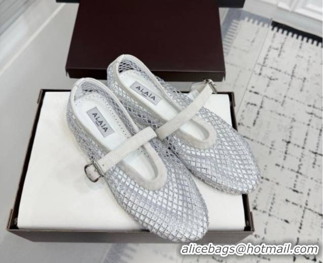 Pretty Style Alaia Ballet Flats in Fishnet and Suede with Strass White AL020702