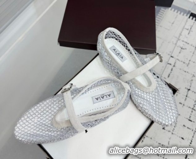 Pretty Style Alaia Ballet Flats in Fishnet and Suede with Strass White AL020702