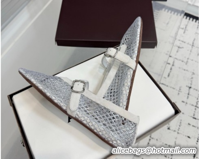 Pretty Style Alaia Ballet Flats in Fishnet and Suede with Strass White AL020702