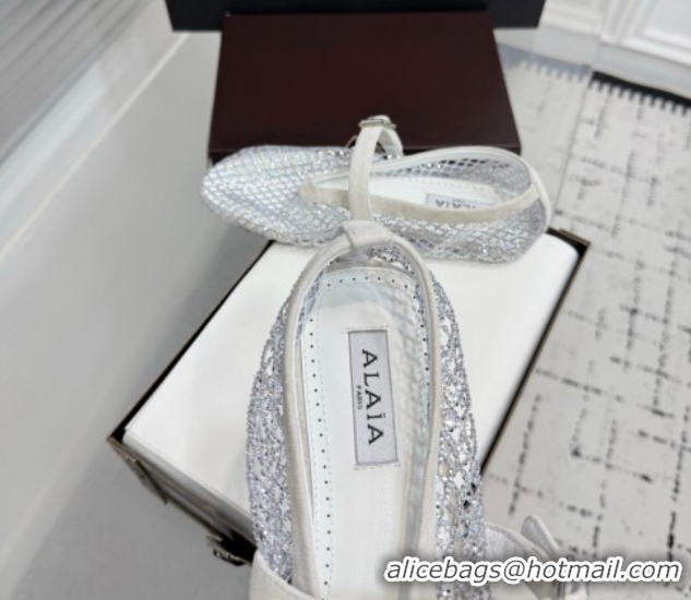 Pretty Style Alaia Ballet Flats in Fishnet and Suede with Strass White AL020702
