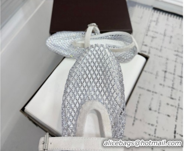 Pretty Style Alaia Ballet Flats in Fishnet and Suede with Strass White AL020702