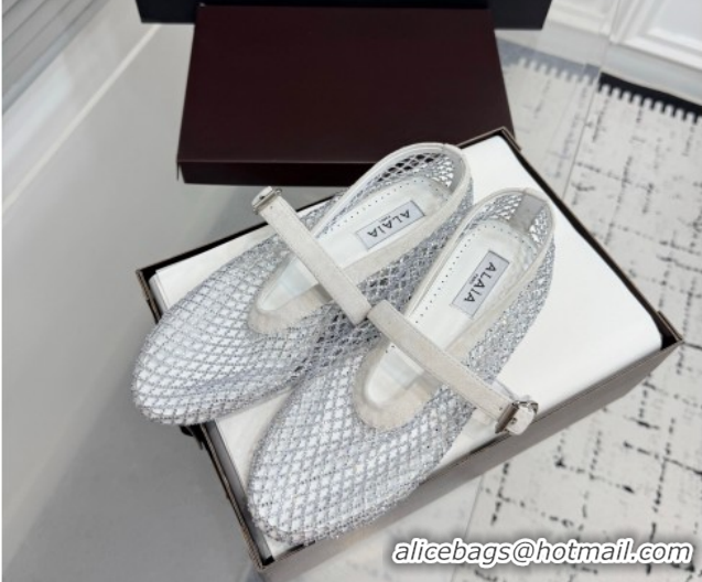 Pretty Style Alaia Ballet Flats in Fishnet and Suede with Strass White AL020702