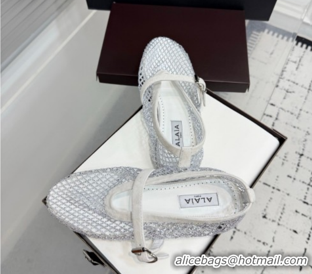 Pretty Style Alaia Ballet Flats in Fishnet and Suede with Strass White AL020702