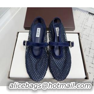 Grade Quality Alaia Ballet Flats in Fishnet and Suede with Strass Royal Blue AL020702