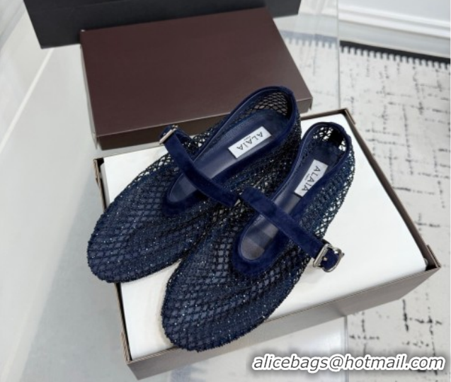 Grade Quality Alaia Ballet Flats in Fishnet and Suede with Strass Royal Blue AL020702