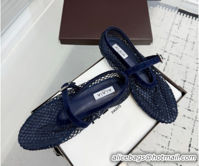 Grade Quality Alaia Ballet Flats in Fishnet and Suede with Strass Royal Blue AL020702