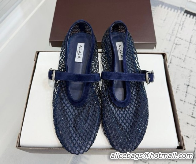 Grade Quality Alaia Ballet Flats in Fishnet and Suede with Strass Royal Blue AL020702
