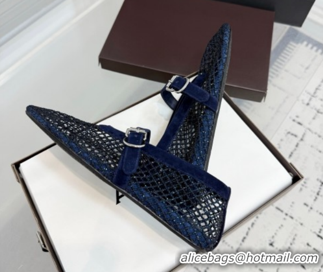 Grade Quality Alaia Ballet Flats in Fishnet and Suede with Strass Royal Blue AL020702