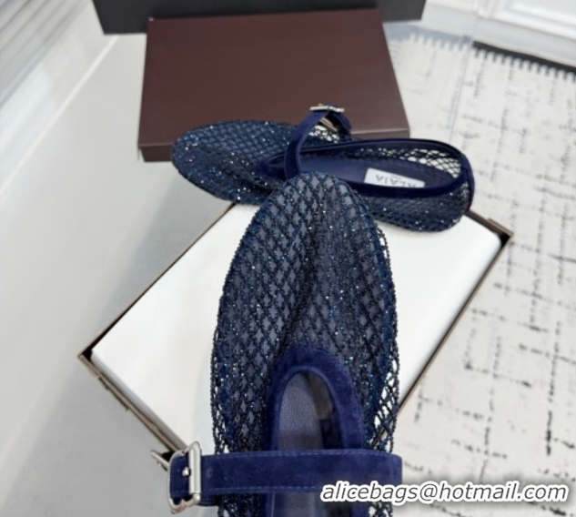 Grade Quality Alaia Ballet Flats in Fishnet and Suede with Strass Royal Blue AL020702