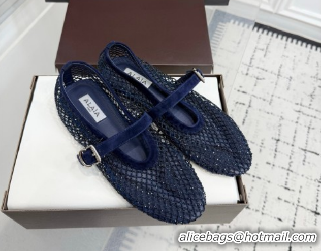 Grade Quality Alaia Ballet Flats in Fishnet and Suede with Strass Royal Blue AL020702