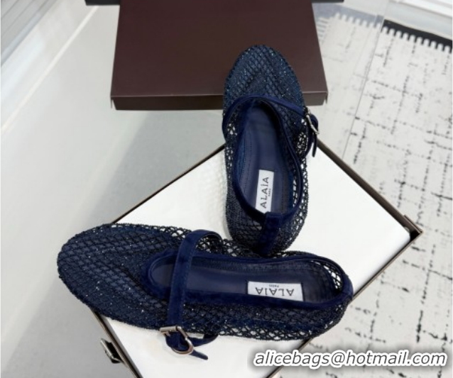 Grade Quality Alaia Ballet Flats in Fishnet and Suede with Strass Royal Blue AL020702
