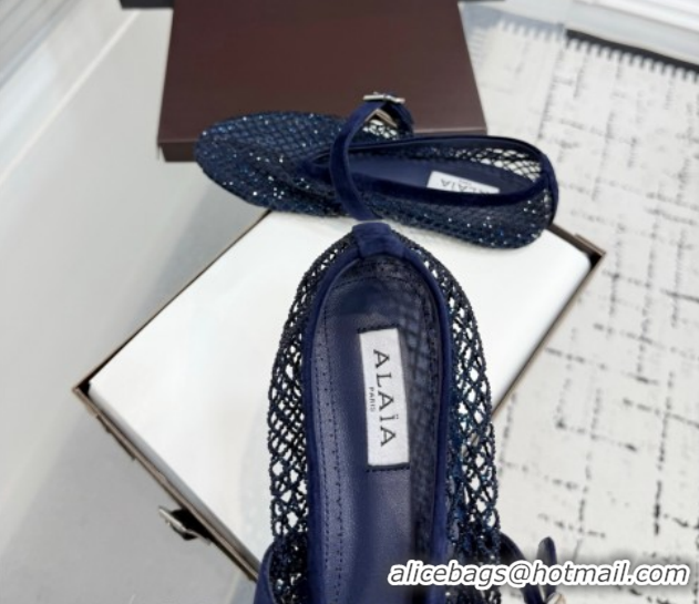Grade Quality Alaia Ballet Flats in Fishnet and Suede with Strass Royal Blue AL020702