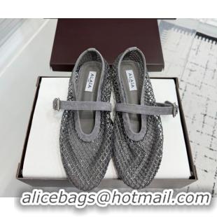 Perfect Alaia Ballet Flats in Fishnet and Suede with Strass Grey AL020702