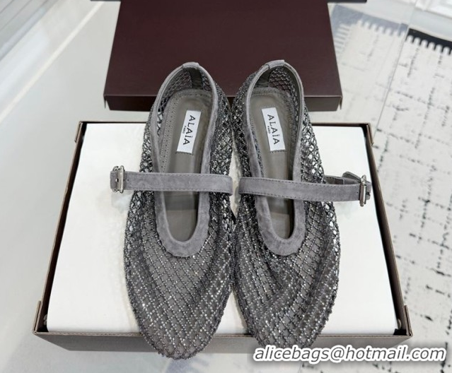 Perfect Alaia Ballet Flats in Fishnet and Suede with Strass Grey AL020702