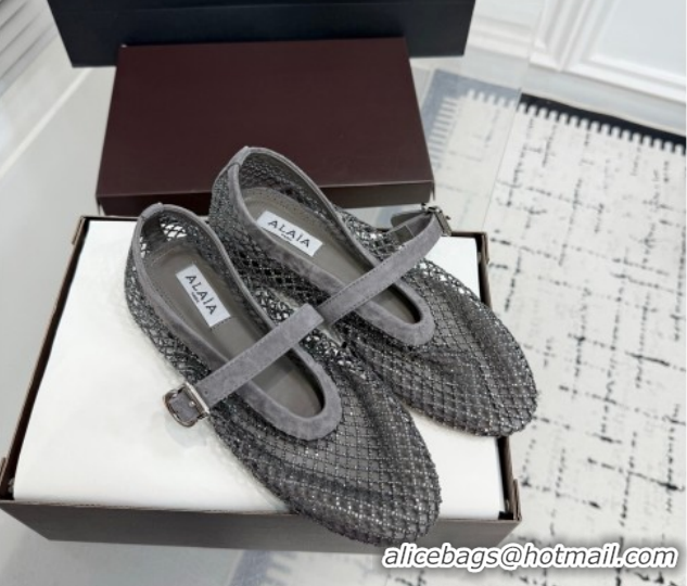 Perfect Alaia Ballet Flats in Fishnet and Suede with Strass Grey AL020702