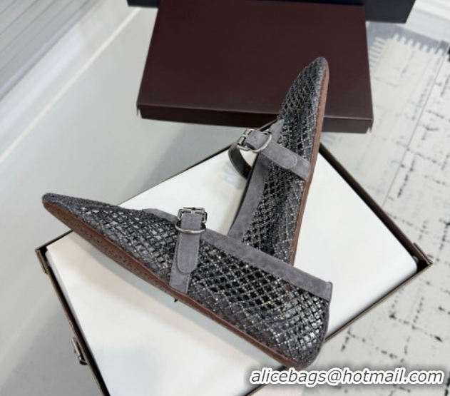 Perfect Alaia Ballet Flats in Fishnet and Suede with Strass Grey AL020702