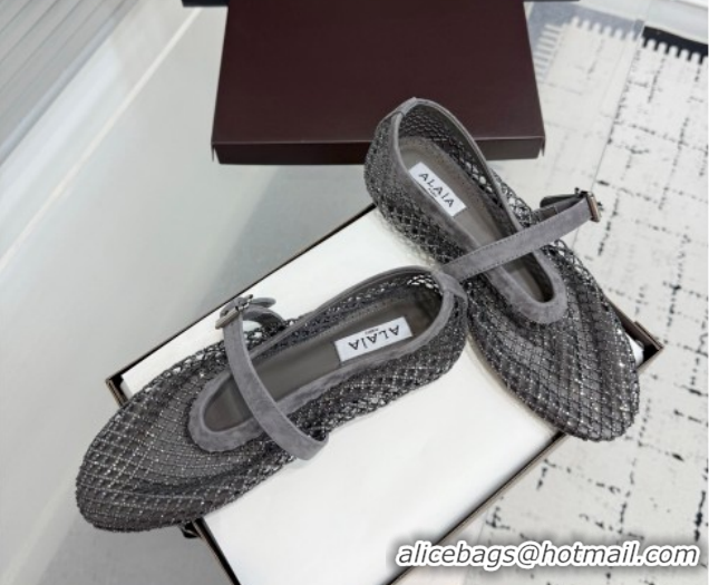Perfect Alaia Ballet Flats in Fishnet and Suede with Strass Grey AL020702