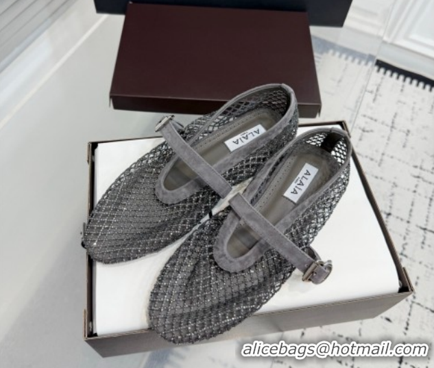 Perfect Alaia Ballet Flats in Fishnet and Suede with Strass Grey AL020702