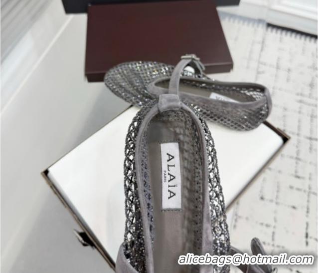 Perfect Alaia Ballet Flats in Fishnet and Suede with Strass Grey AL020702