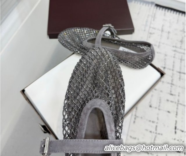 Perfect Alaia Ballet Flats in Fishnet and Suede with Strass Grey AL020702