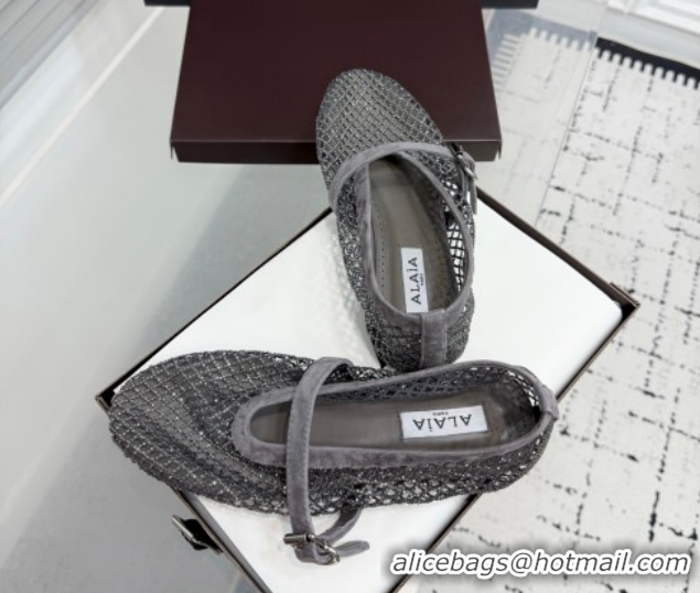 Perfect Alaia Ballet Flats in Fishnet and Suede with Strass Grey AL020702