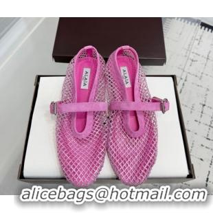 Best Grade Alaia Ballet Flats in Fishnet and Suede with Strass Pink AL020702