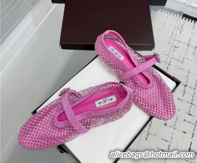 Best Grade Alaia Ballet Flats in Fishnet and Suede with Strass Pink AL020702
