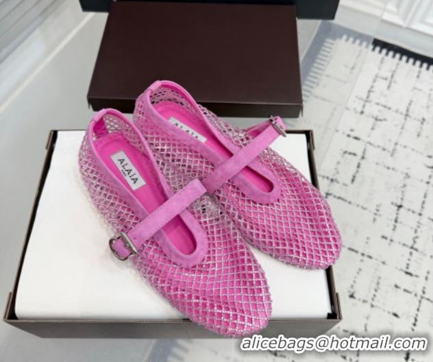 Best Grade Alaia Ballet Flats in Fishnet and Suede with Strass Pink AL020702