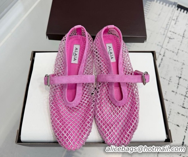 Best Grade Alaia Ballet Flats in Fishnet and Suede with Strass Pink AL020702