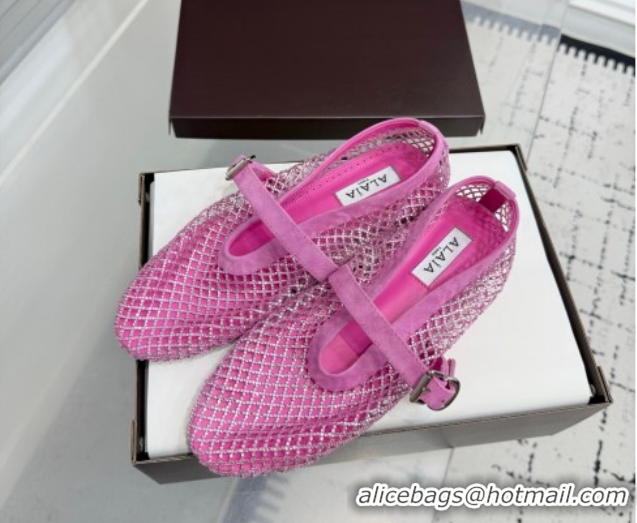Best Grade Alaia Ballet Flats in Fishnet and Suede with Strass Pink AL020702