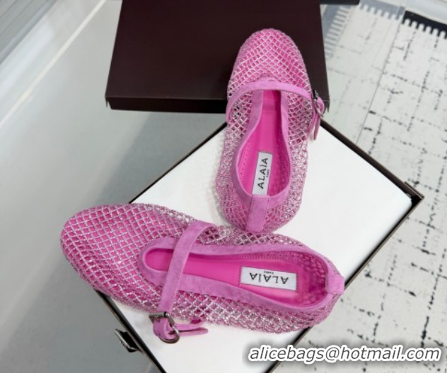 Best Grade Alaia Ballet Flats in Fishnet and Suede with Strass Pink AL020702